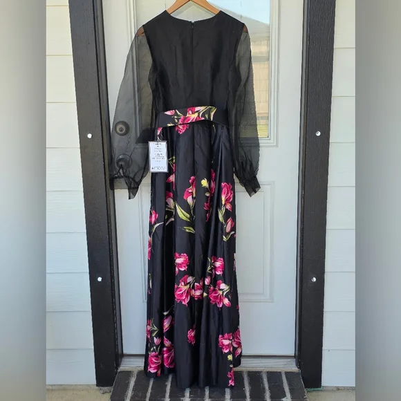 $289 Betsy & Adam Women Organza-Sleeve Floral Belted Gown Sz 4 Old Money - Picture 15 of 16